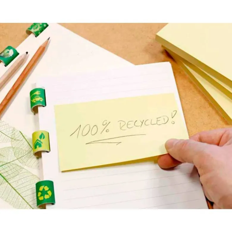 BLOC DE NOTAS ADHESIVAS QUITA Y PON Q-CONNECT 76X127 MM 100% PAPEL RECICLADO AMARILLO EN CAJA DE CARTON