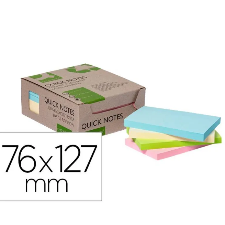 BLOC DE NOTAS ADHESIVAS QUITA Y PON Q-CONNECT 76X127 MM 100% PAPEL RECICLADO COLORES PASTELES EN CAJA DE CARTON
