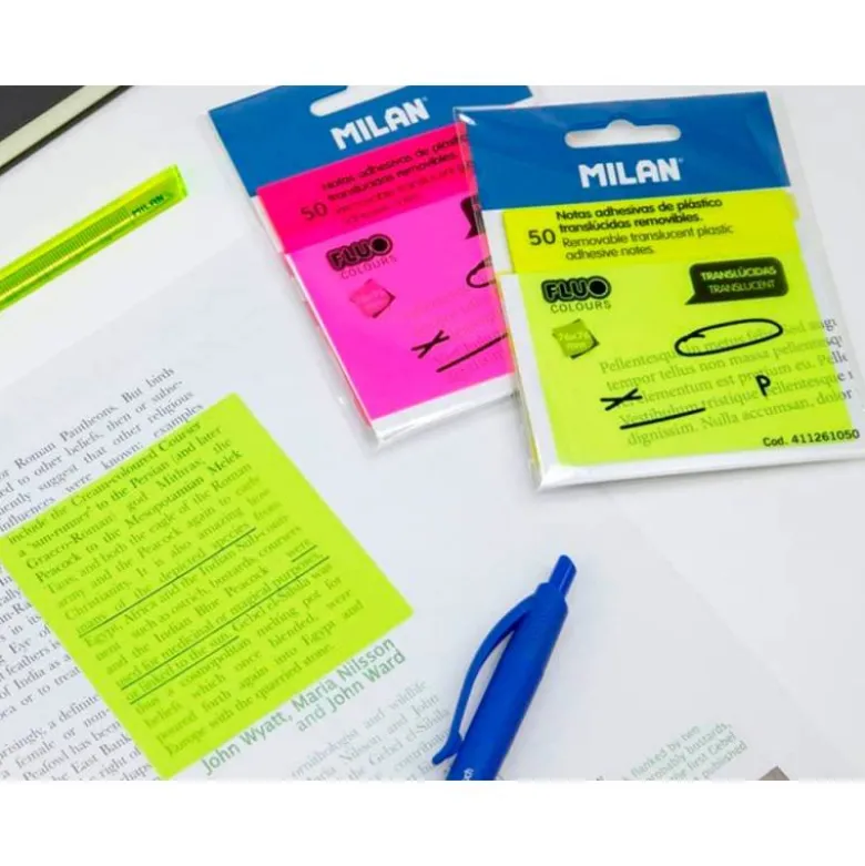 BLOC DE NOTAS ADHESIVAS QUITA Y PON MILAN 76X76 MM REMOVIBLE PLASTICO TRANSLUCIDO ROSA FLUOR 50