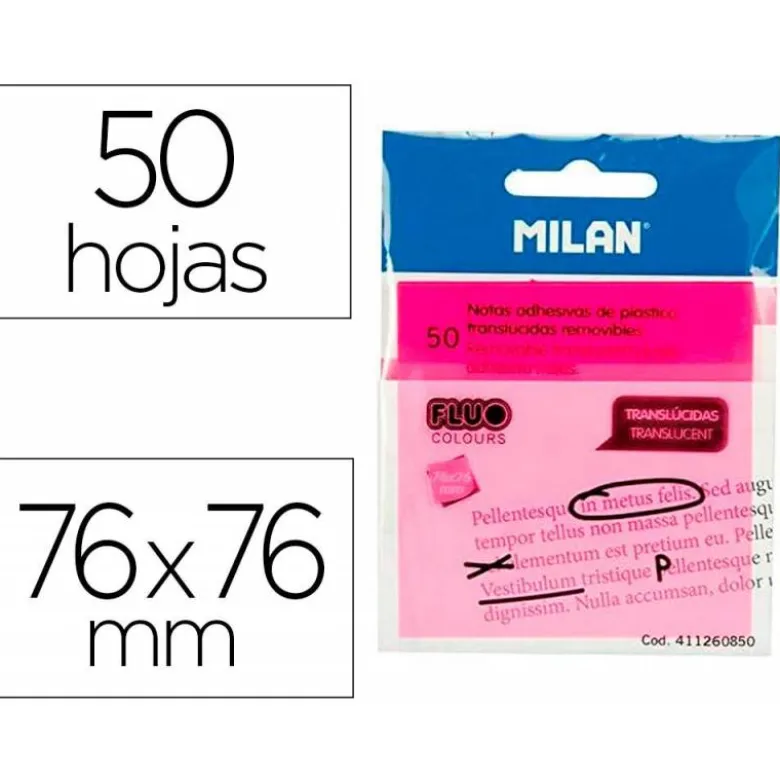 BLOC DE NOTAS ADHESIVAS QUITA Y PON MILAN 76X76 MM REMOVIBLE PLASTICO TRANSLUCIDO ROSA FLUOR 50