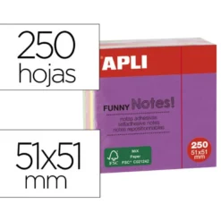 BLOC DE NOTAS ADHESIVAS QUITA Y PON APLI 51X51 MM MINICUBO COLORES FLUORESCENTE BRILLANTE CON 250 HOJAS