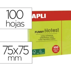 BLOC DE NOTAS ADHESIVAS QUITA Y PON APLI 75X75 MM VERDE FLUORESCENTE CON 100 HOJAS