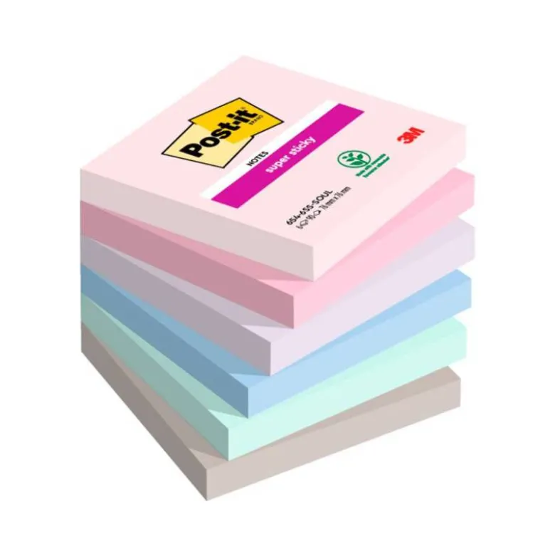 BLOC DE NOTAS ADHESIVAS QUITA Y PON POST IT SUPER STICKY SOULFUL 100% PEFC 76X76 MM PACK DE 6 BLOCS COLORES