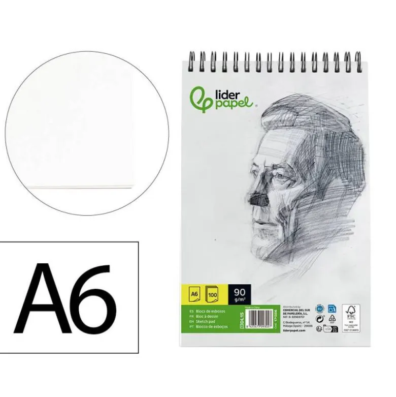 BLOC DIBUJO LIDERPAPEL ESBOZOS ESPIRAL DIN A6 105X148MM 100 HOJAS 90GR/M2 SIN RECUADRO