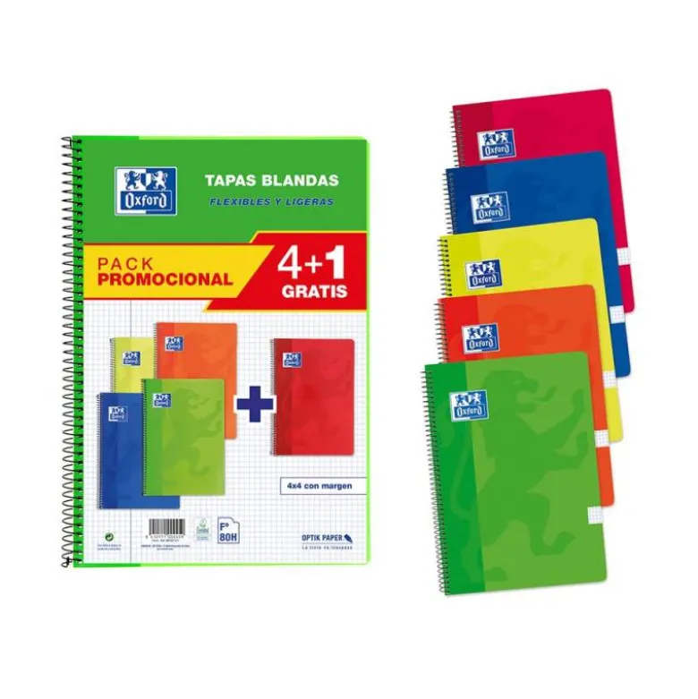 BLOC ESPIRAL OXFORD TAPA BLANDA FOLIO 80 HOJAS 90GR CUADRO 4 MM COLORES VIVOS PACK DE 4+1