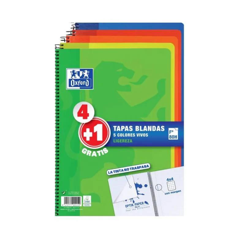BLOC ESPIRAL OXFORD TAPA BLANDA FOLIO 80 HOJAS 90GR CUADRO 4 MM COLORES VIVOS PACK DE 4+1