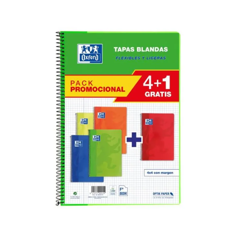 BLOC ESPIRAL OXFORD TAPA BLANDA FOLIO 80 HOJAS 90GR CUADRO 4 MM COLORES VIVOS PACK DE 4+1