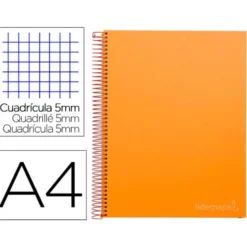 Bloc Liderpapel Din A4 micro jolly cuadrícula 5mm 5 bandas 4 taladros tapa forrada 75 gr 140 hojas color naranja