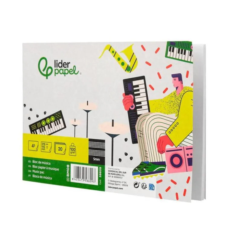 Bloc musica Liderpapel Cuarto interlineado 5mm 4 pentagramas por página