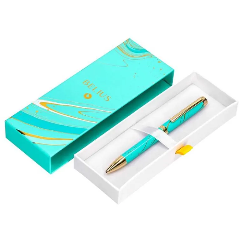 BOLIGRAFO BELIUS AQUA ALUMINIO COLOR TURQUESA Y DORADO TINTA AZUL CAJA DE DISEÑO