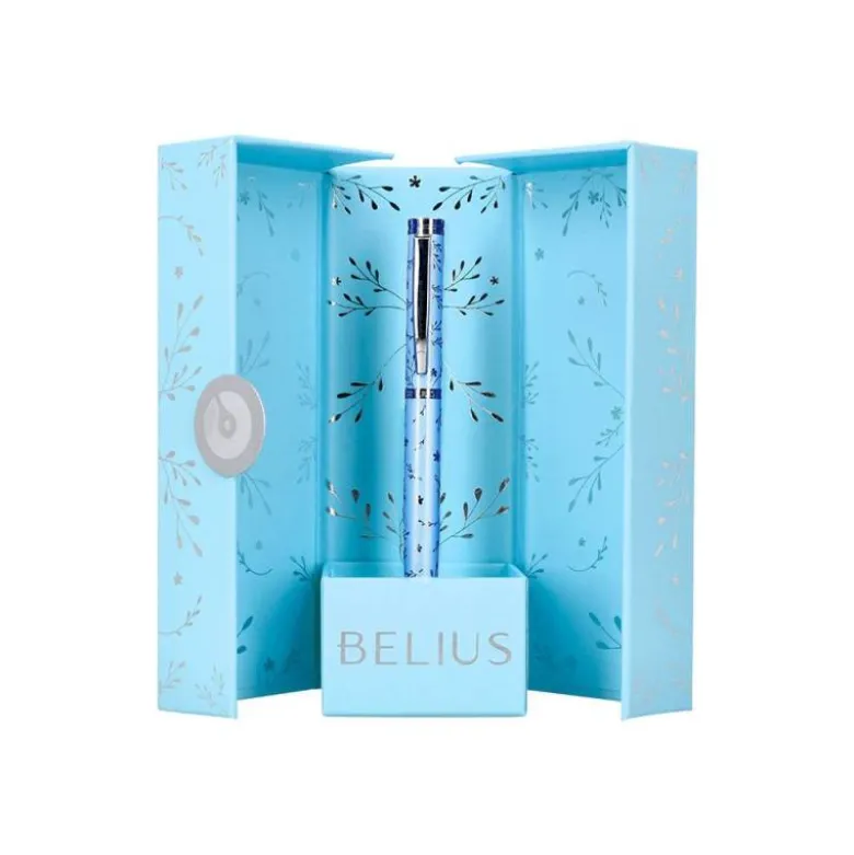 BOLIGRAFO BELIUS BELLA ALUMINIO COLOR AZUL CELESTE DISEÑO PLATEADO RELIEVE TINTA AZUL CAJA DE DISEÑO