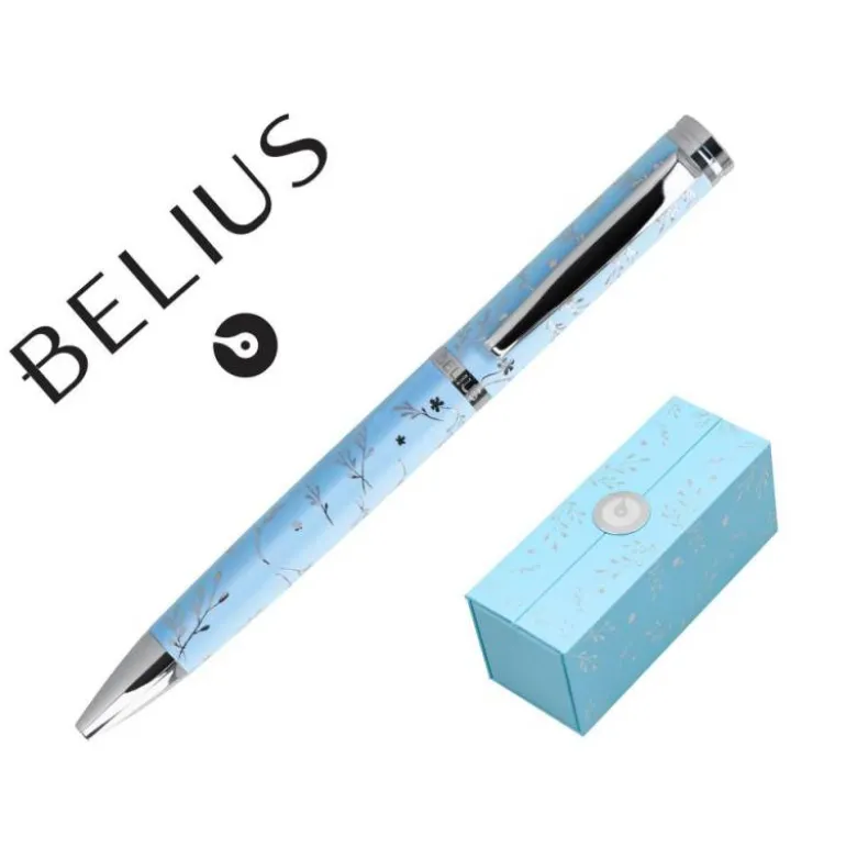 BOLIGRAFO BELIUS BELLA ALUMINIO COLOR AZUL CELESTE DISEÑO PLATEADO RELIEVE TINTA AZUL CAJA DE DISEÑO