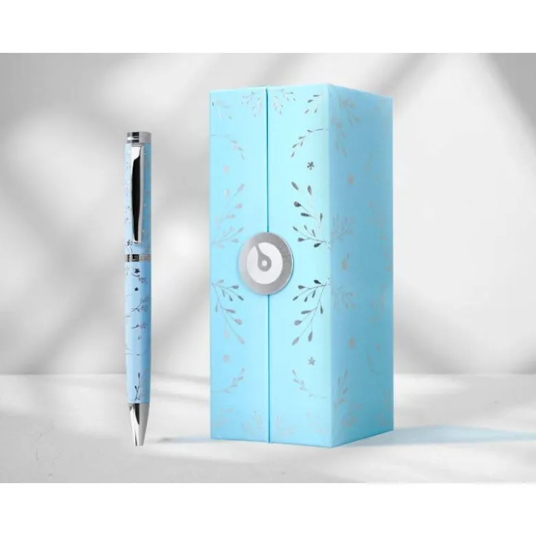 BOLIGRAFO BELIUS BELLA ALUMINIO COLOR AZUL CELESTE DISEÑO PLATEADO RELIEVE TINTA AZUL CAJA DE DISEÑO