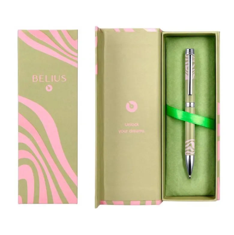 BOLIGRAFO BELIUS INK DREAMS ALUMINIO COLOR VERDE MATCHA Y ROSA PLATEADO FRASE INTERIOR TINTA AZUL CAJA DE DISEÑO