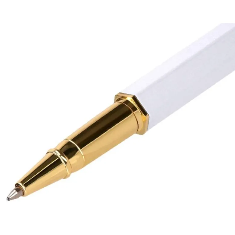 BOLIGRAFO BELIUS MACARON BLISS FORMA HEXAGONAL COLOR BLANCO Y DORADO TINTA AZUL CAJA DE DISEÑO