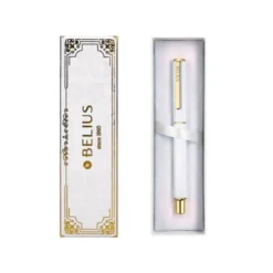 BOLIGRAFO BELIUS MACARON BLISS FORMA HEXAGONAL COLOR BLANCO Y DORADO TINTA AZUL CAJA DE DISEÑO