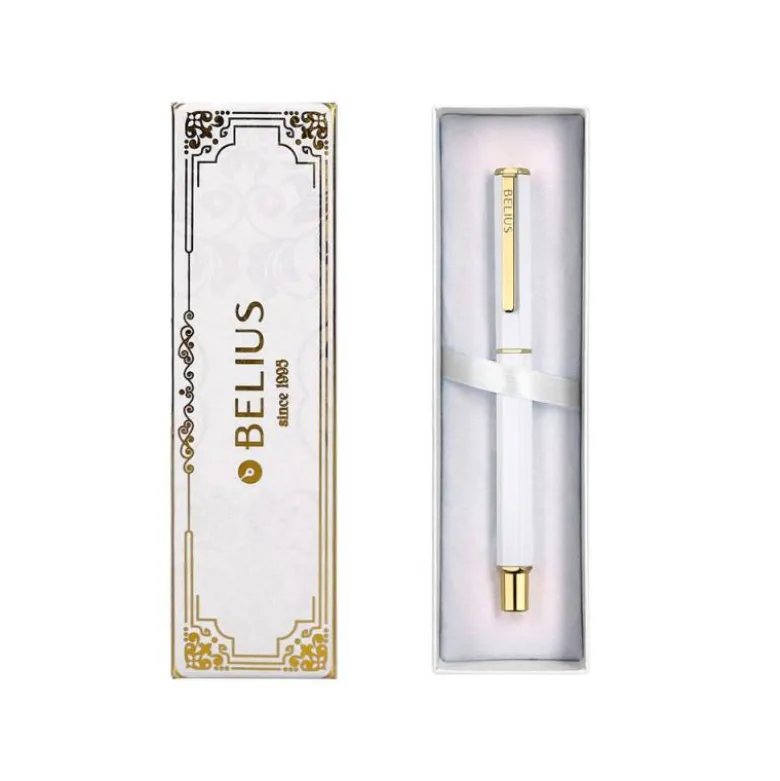 BOLIGRAFO BELIUS MACARON BLISS FORMA HEXAGONAL COLOR BLANCO Y DORADO TINTA AZUL CAJA DE DISEÑO
