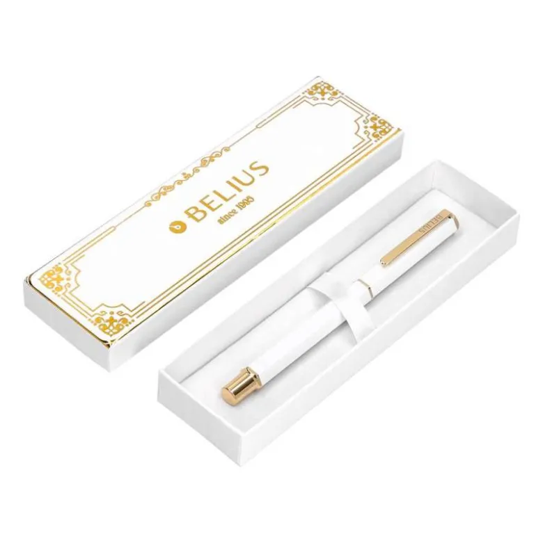 BOLIGRAFO BELIUS MACARON BLISS FORMA HEXAGONAL COLOR BLANCO Y DORADO TINTA AZUL CAJA DE DISEÑO