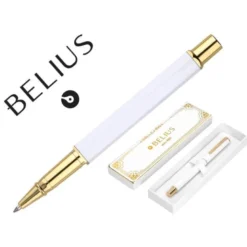 BOLIGRAFO BELIUS MACARON BLISS FORMA HEXAGONAL COLOR BLANCO Y DORADO TINTA AZUL CAJA DE DISEÑO