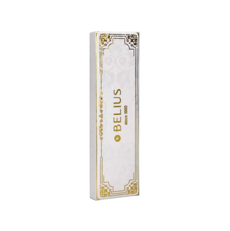BOLIGRAFO BELIUS MACARON BLISS FORMA HEXAGONAL COLOR BLANCO Y DORADO TINTA AZUL CAJA DE DISEÑO