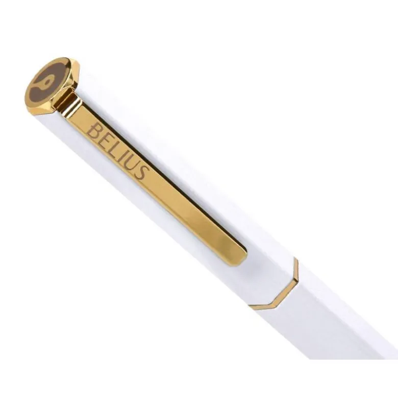 BOLIGRAFO BELIUS MACARON BLISS FORMA HEXAGONAL COLOR BLANCO Y DORADO TINTA AZUL CAJA DE DISEÑO