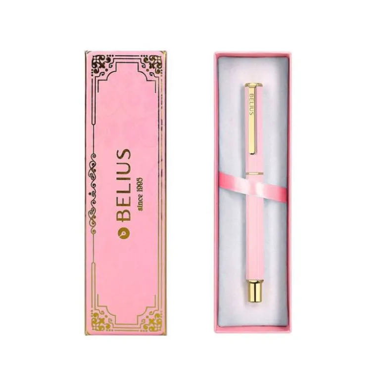 BOLIGRAFO BELIUS MACARON BLISS FORMA HEXAGONAL COLOR ROSA Y DORADO TINTA AZUL CAJA DE DISEÑO
