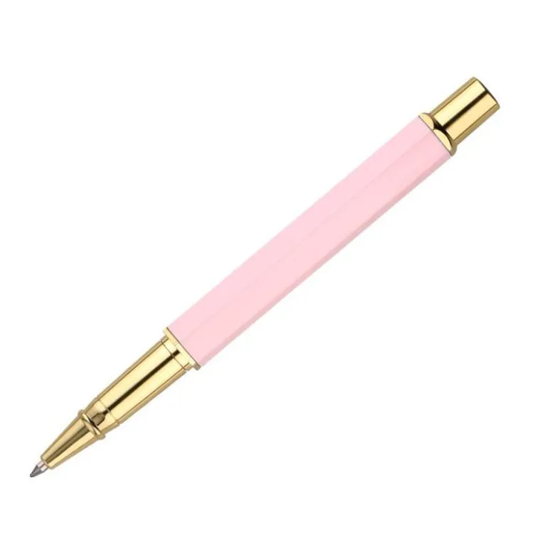 BOLIGRAFO BELIUS MACARON BLISS FORMA HEXAGONAL COLOR ROSA Y DORADO TINTA AZUL CAJA DE DISEÑO