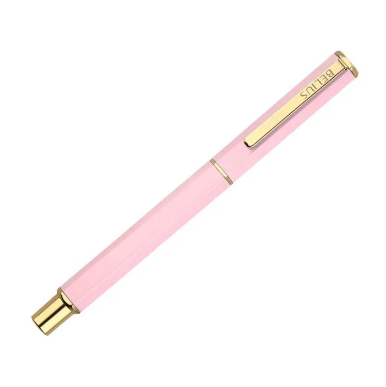 BOLIGRAFO BELIUS MACARON BLISS FORMA HEXAGONAL COLOR ROSA Y DORADO TINTA AZUL CAJA DE DISEÑO