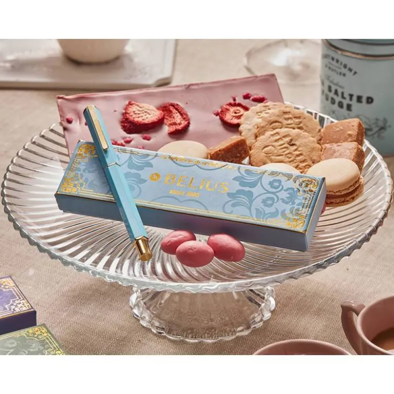 BOLIGRAFO BELIUS MACARON BLISS FORMA HEXAGONAL COLOR CELESTE Y DORADO TINTA AZUL CAJA DE DISEÑO