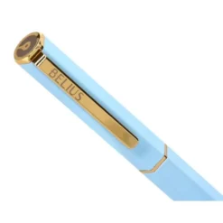 BOLIGRAFO BELIUS MACARON BLISS FORMA HEXAGONAL COLOR CELESTE Y DORADO TINTA AZUL CAJA DE DISEÑO