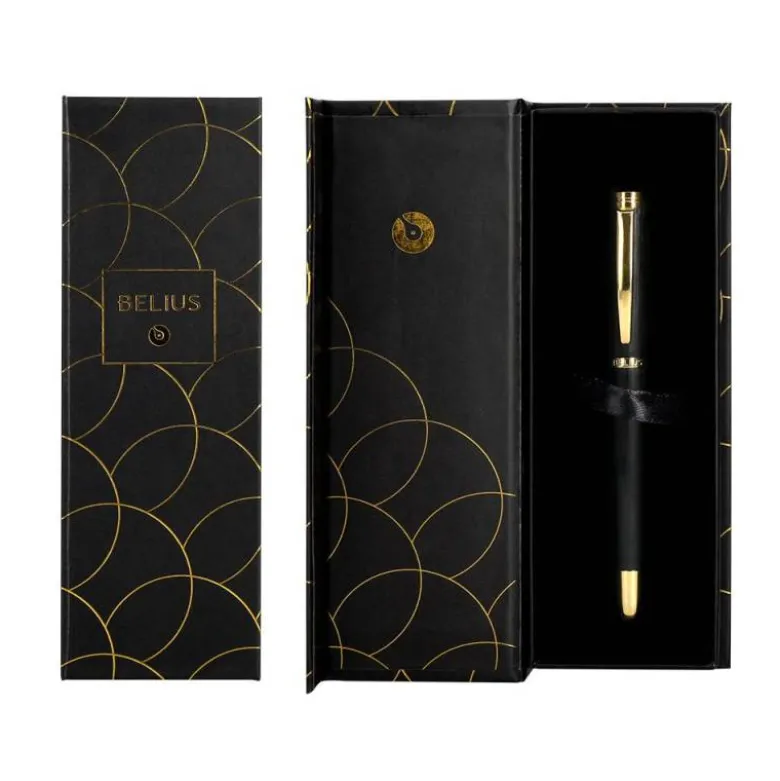 BOLIGRAFO BELIUS PASSION DOR ALUMINIO TEXTURA CEPILLADA COLOR NEGRO Y DORADO TINTA AZUL CAJA DE DISEÑO