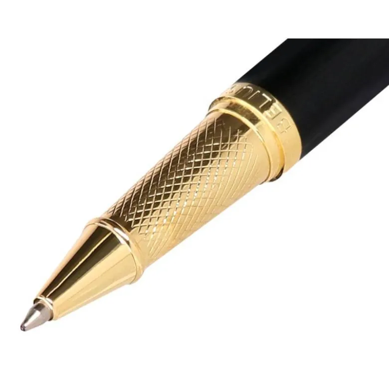 BOLIGRAFO BELIUS PASSION DOR ALUMINIO TEXTURA CEPILLADA COLOR NEGRO Y DORADO TINTA AZUL CAJA DE DISEÑO