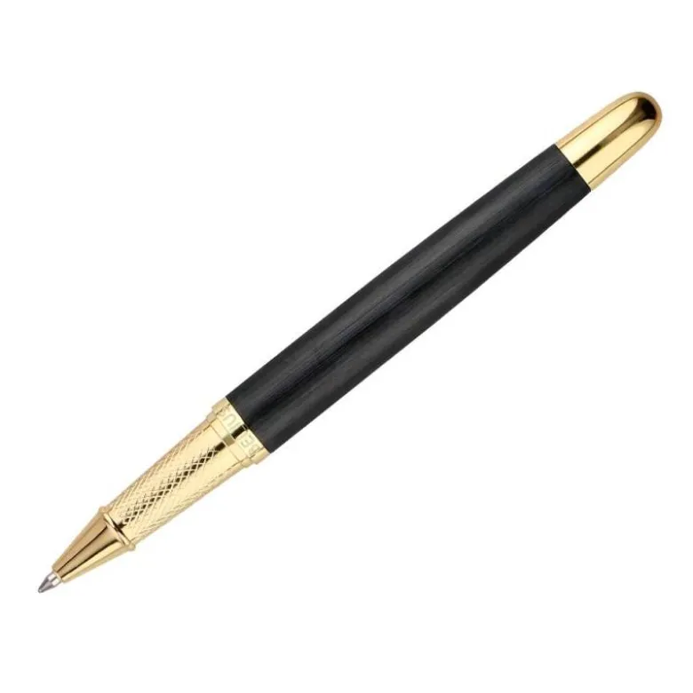 BOLIGRAFO BELIUS PASSION DOR ALUMINIO TEXTURA CEPILLADA COLOR NEGRO Y DORADO TINTA AZUL CAJA DE DISEÑO
