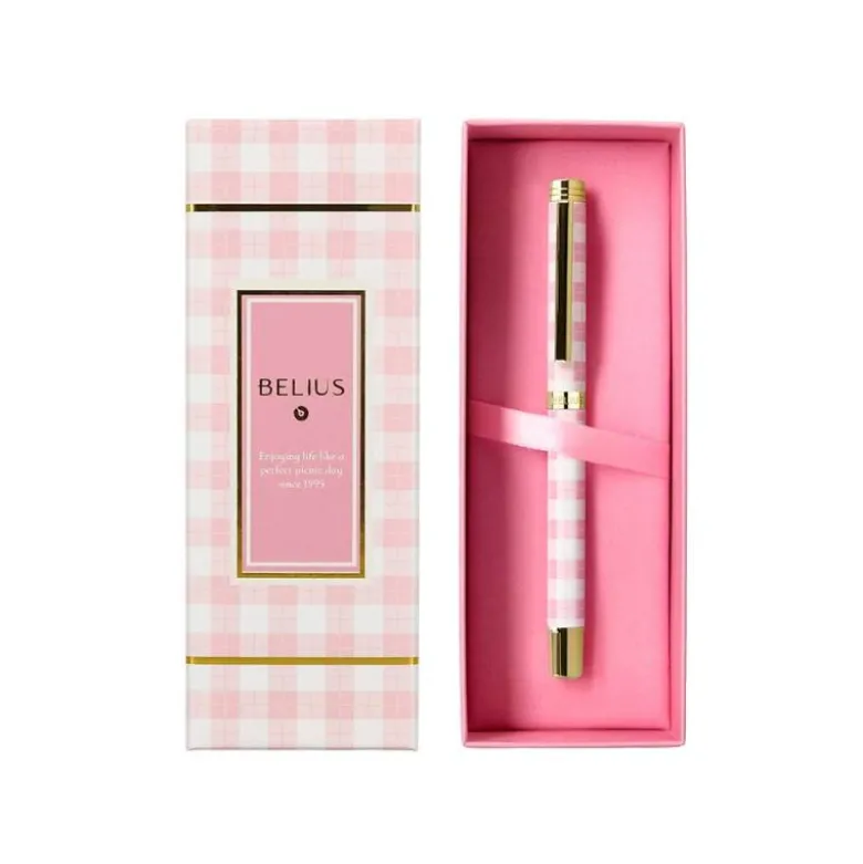 BOLIGRAFO BELIUS PICNIC ALUMINIO COLOR ROSA DORADO TINTA COLOR AZUL CAJA DE DISEÑO