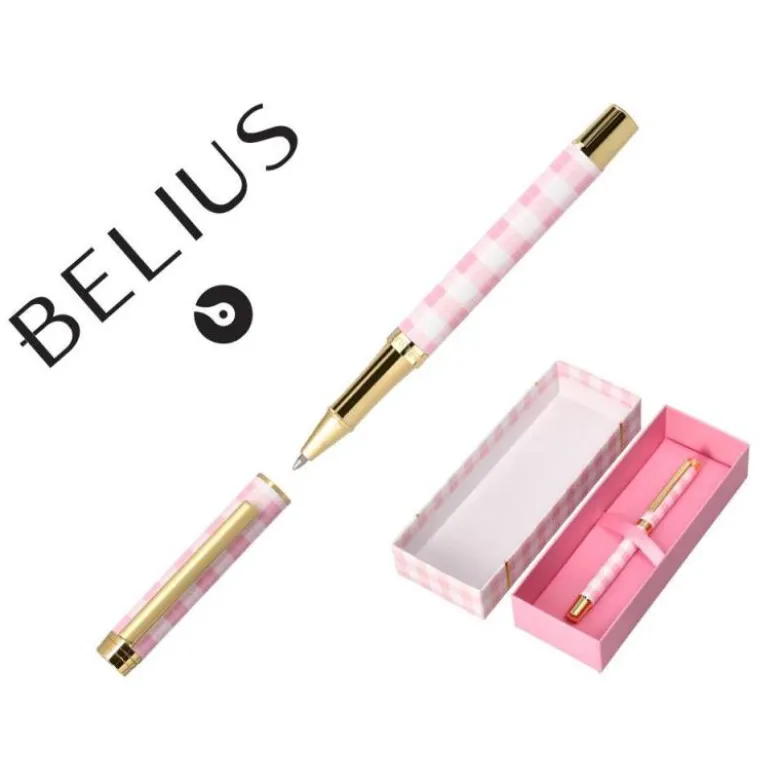 BOLIGRAFO BELIUS PICNIC ALUMINIO COLOR ROSA DORADO TINTA COLOR AZUL CAJA DE DISEÑO