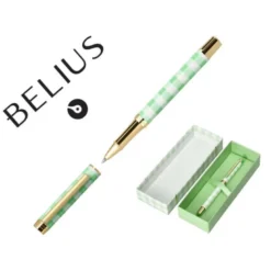 BOLIGRAFO BELIUS PICNIC ALUMINIO COLOR VERDE DORADO TINTA COLOR AZUL CAJA DE DISEÑO