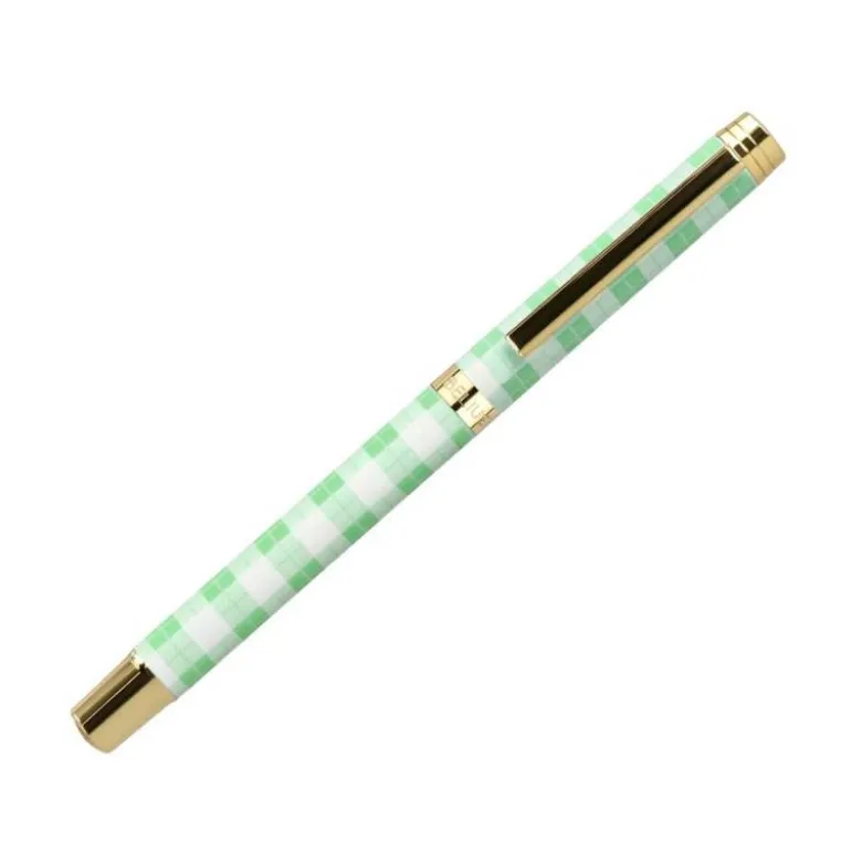 BOLIGRAFO BELIUS PICNIC ALUMINIO COLOR VERDE DORADO TINTA COLOR AZUL CAJA DE DISEÑO