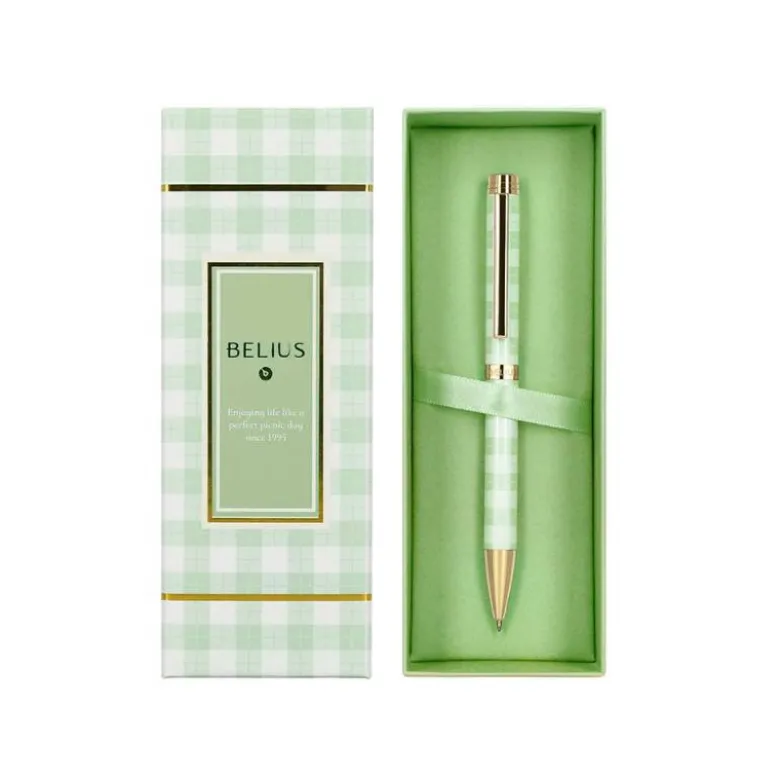BOLIGRAFO BELIUS PICNIC ALUMINIO COLOR VERDE DORADO TINTA COLOR AZUL CAJA DE DISEÑO