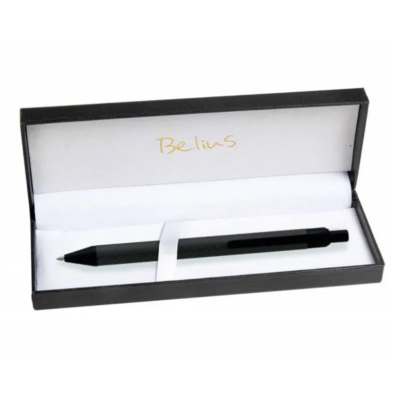BOLIGRAFO BELIUS POTSDAM NEGRO CUERPO FIBRA CARBON TINTA GEL AZUL EN ESTUCHE