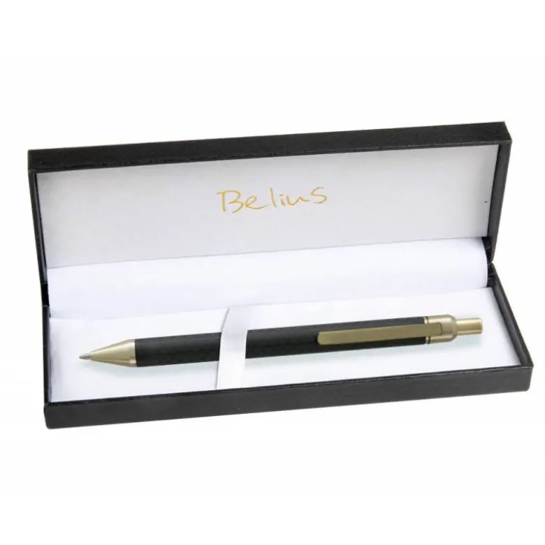 BOLIGRAFO BELIUS POTSDAM NEGRO Y DORADO CUERPO FIBRA CARBON TINTA GEL AZUL EN ESTUCHE