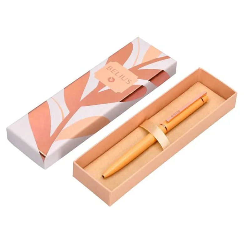 BOLIGRAFO BELIUS ROSE ALUMINIO COLOR NARANJA/ORO ROSA TINTA AZUL CAJA DE DISEÑO