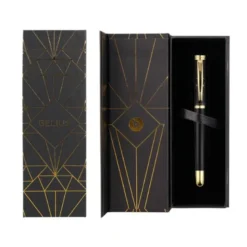 BOLIGRAFO BELIUS SOIREE ALUMINIO COLOR ART DECO NEGRO Y DORADO TINTA AZUL CAJA DE DISEÑO