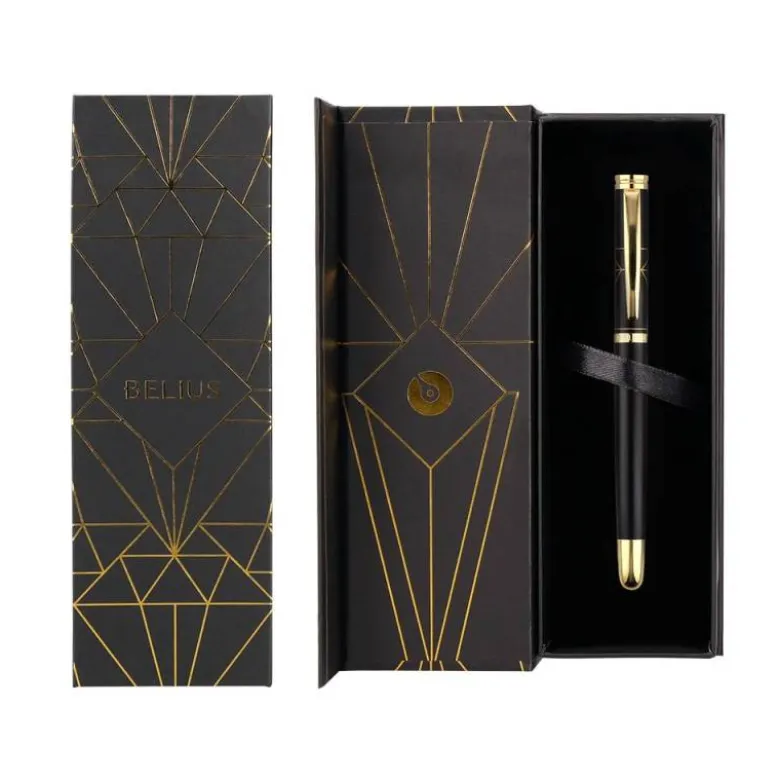 BOLIGRAFO BELIUS SOIREE ALUMINIO COLOR ART DECO NEGRO Y DORADO TINTA AZUL CAJA DE DISEÑO