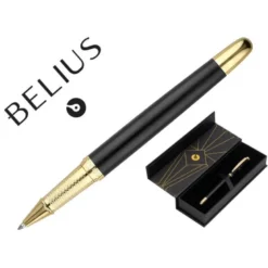 BOLIGRAFO BELIUS SOIREE ALUMINIO COLOR ART DECO NEGRO Y DORADO TINTA AZUL CAJA DE DISEÑO