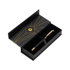 BOLIGRAFO BELIUS SOIREE ALUMINIO COLOR ART DECO NEGRO Y DORADO TINTA AZUL CAJA DE DISEÑO
