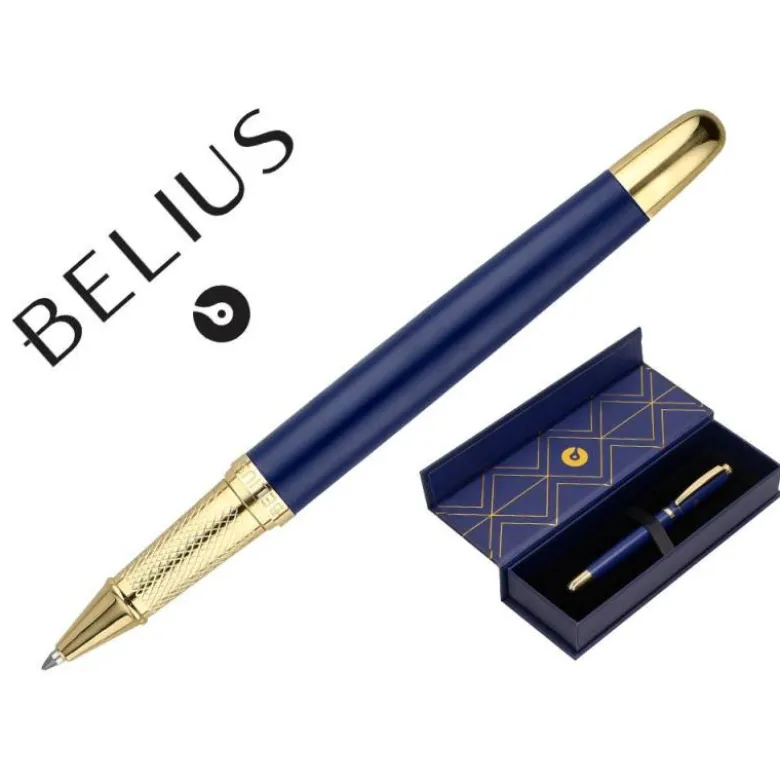 BOLIGRAFO BELIUS SOIREE ALUMINIO COLOR AZUL MARINO Y DORADO TINTA AZUL CAJA DE DISEÑO