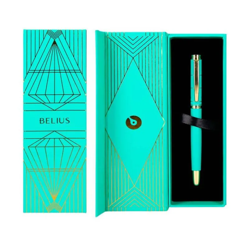 BOLIGRAFO BELIUS SOIREE ALUMINIO COLOR ART DECO TURQUESA Y DORADO TINTA AZUL CAJA DE DISEÑO