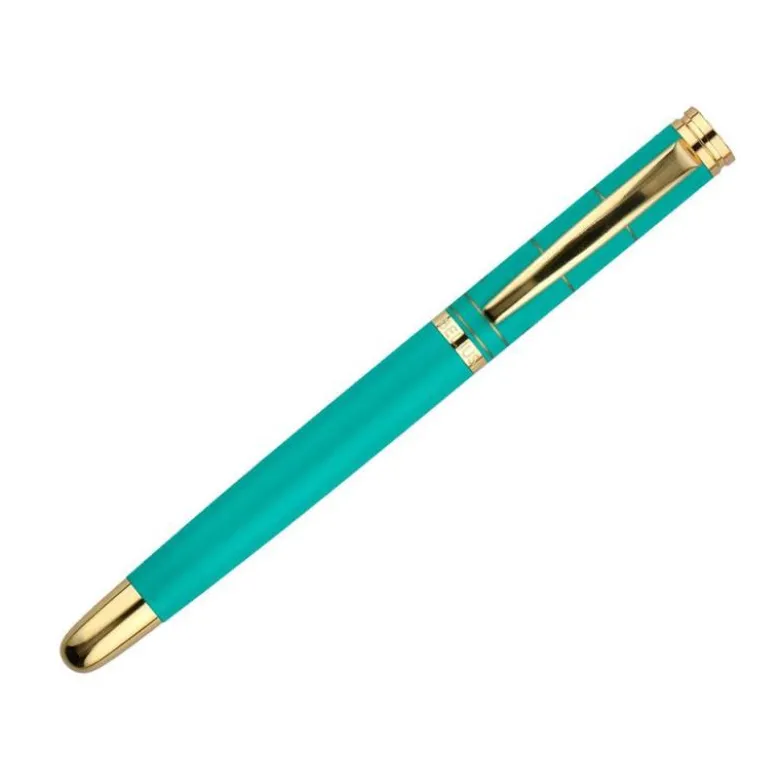 BOLIGRAFO BELIUS SOIREE ALUMINIO COLOR ART DECO TURQUESA Y DORADO TINTA AZUL CAJA DE DISEÑO