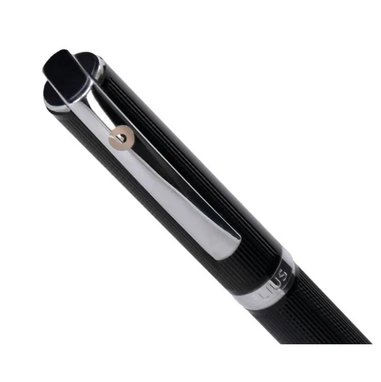 BOLIGRAFO BELIUS TURBO ALUMINIO TEXTURA PUNTEADA COLOR NEGRO Y PLATEADO TINTA AZUL CAJA DE DISEÑO