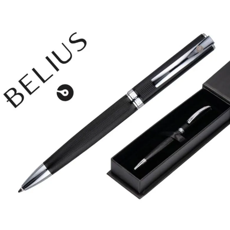 BOLIGRAFO BELIUS TURBO ALUMINIO TEXTURA PUNTEADA COLOR NEGRO Y PLATEADO TINTA AZUL CAJA DE DISEÑO